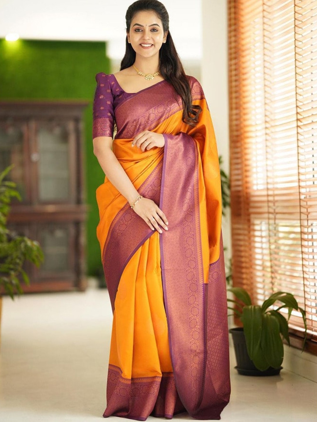 

ORUS Woven Design Zari Silk Blend Kanjeevaram Saree, Mustard