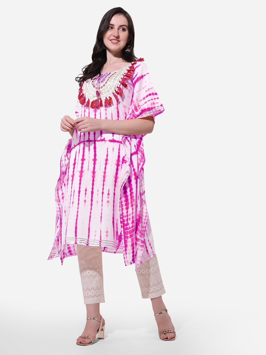 

KALINI Women Pink & Off White Printed Flared Sleeves Kaftan Kurta