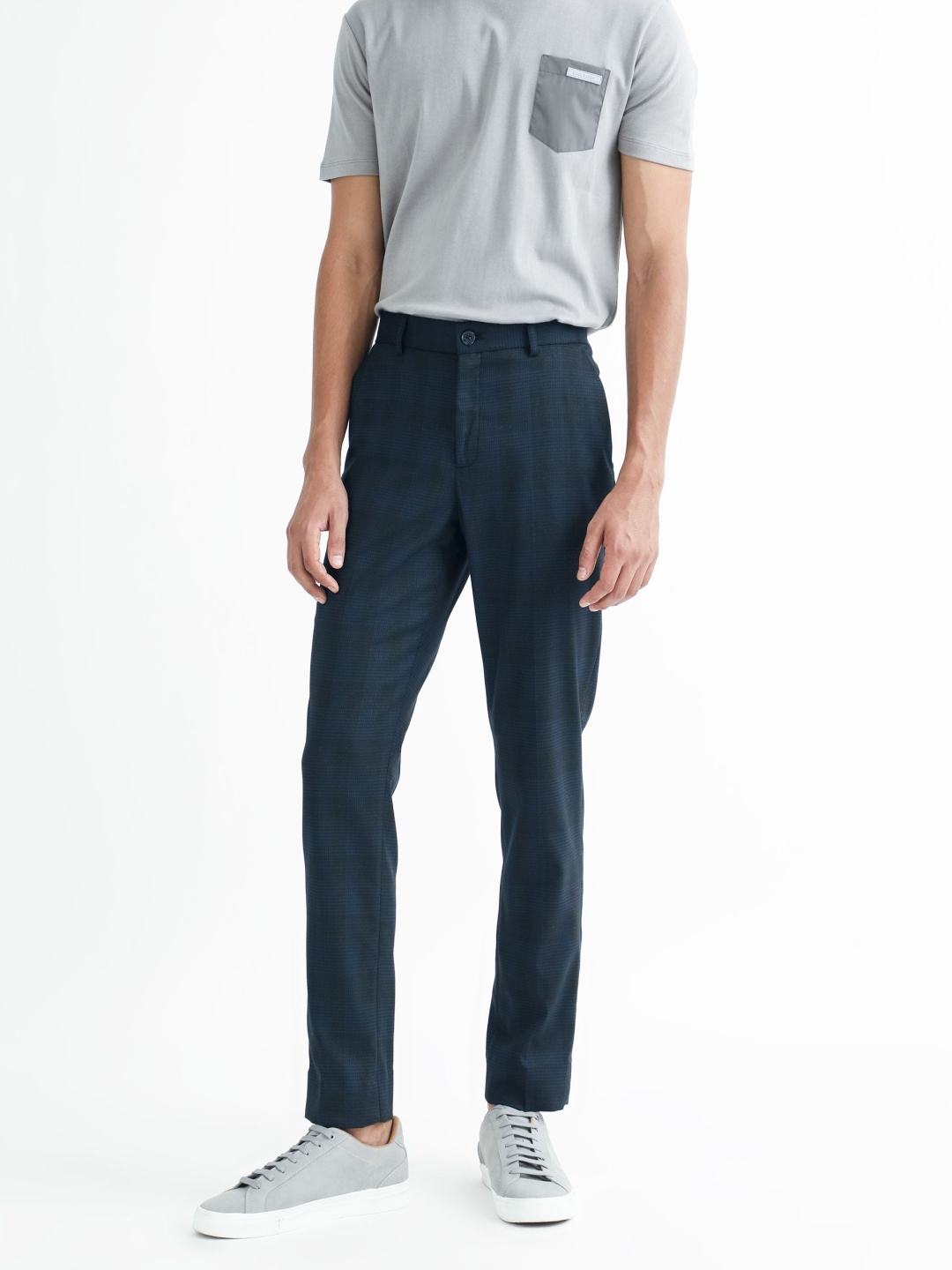 

RARE RABBIT Sander Mid-Rise Checked Cotton Slim Fit Trouser, Navy blue