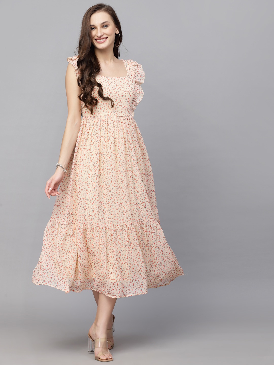aayu Floral Printed Georgette Fit And Flare Midi Dress, Pink