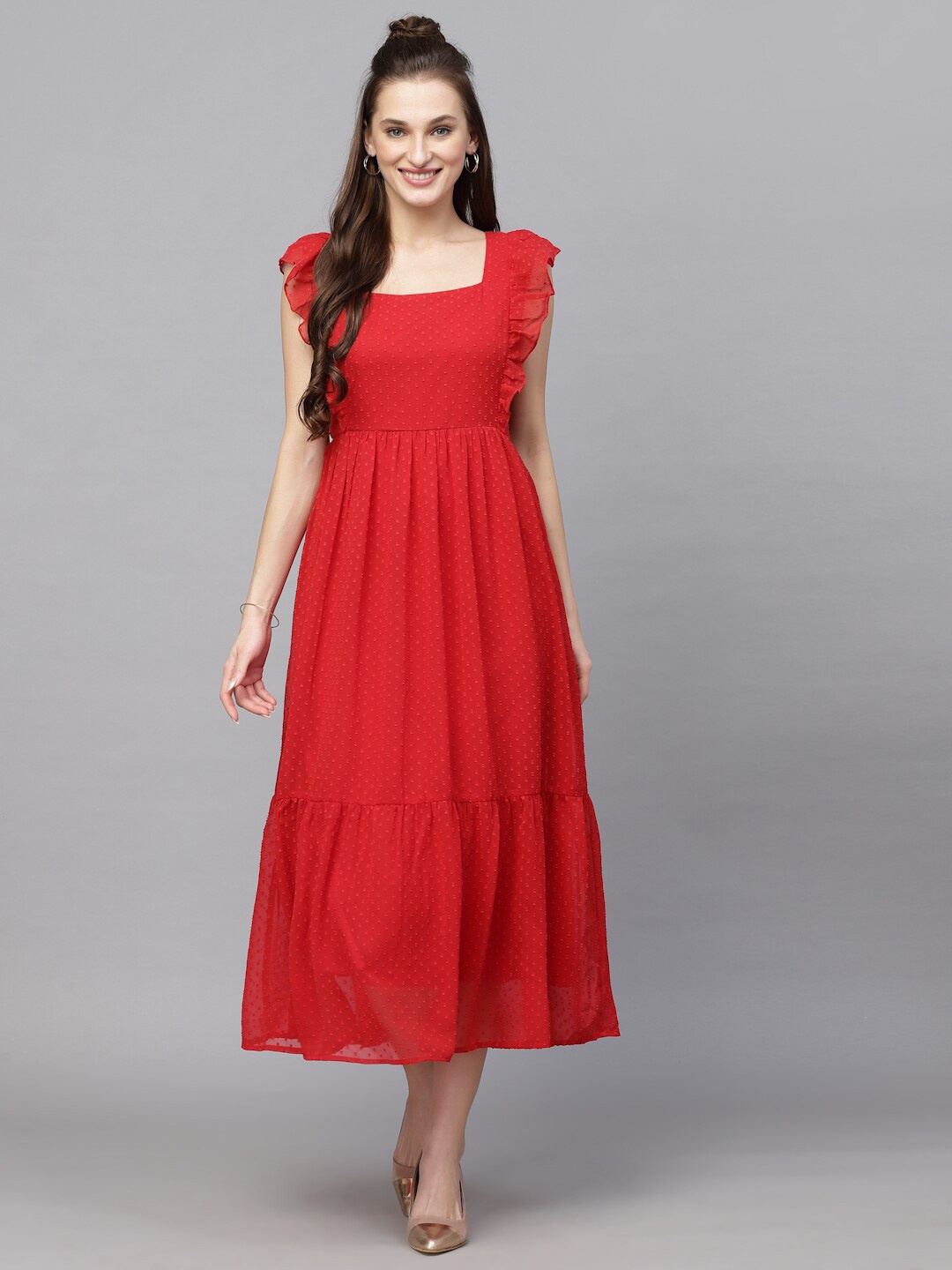 

aayu Square Neck Georgette Fit And Flare Midi Dress, Red