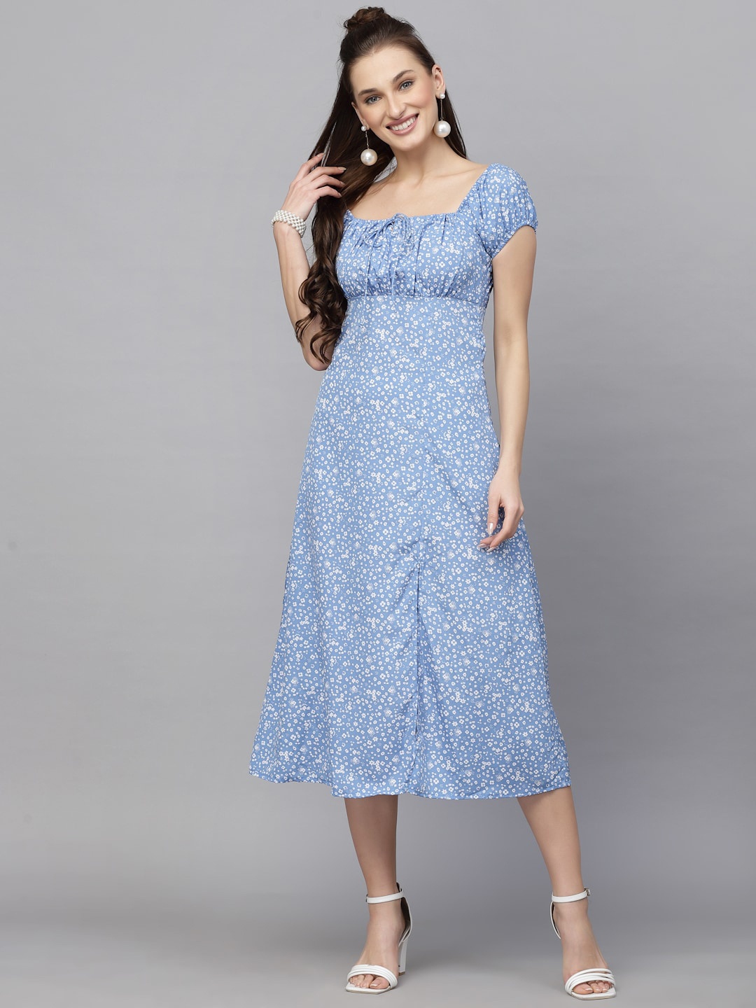 

aayu Floral Printed Square Neck A-Line Midi Dress, Blue