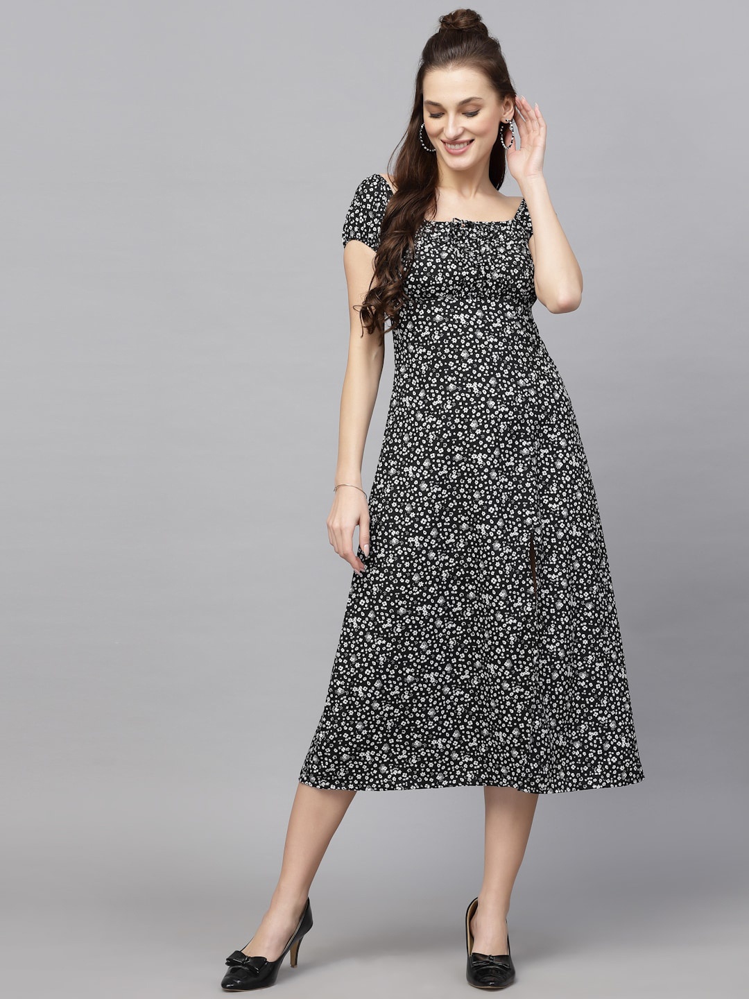 

aayu Black Ethnic Motifs Crepe Empire Midi Dress