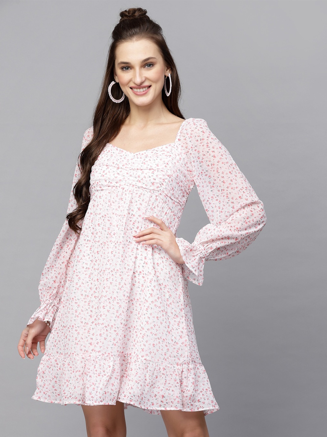 

aayu Floral Printed Smocked Georgette A-Line Dress, Pink