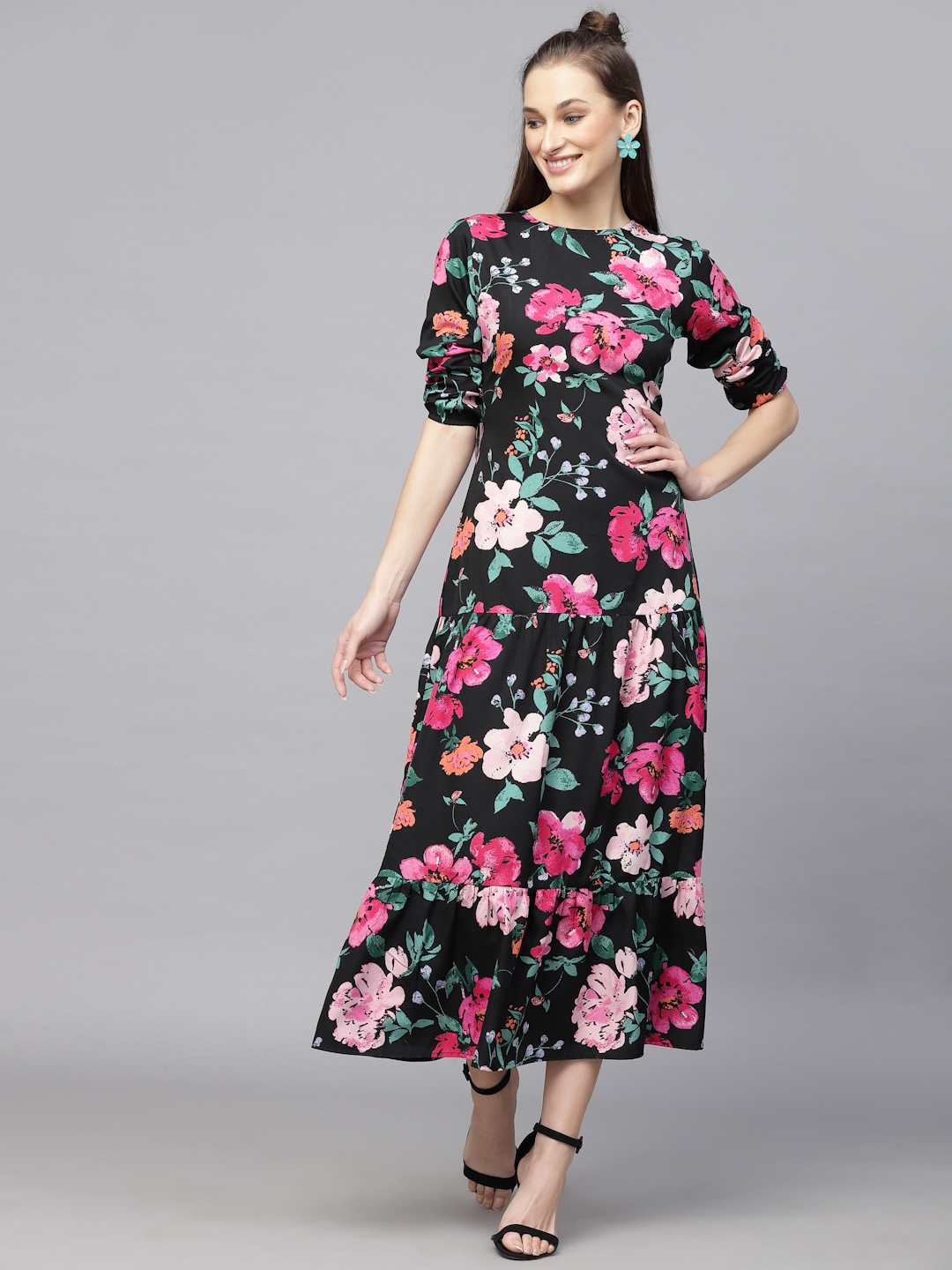 

aayu Puffed Sleeves Floral Printed Crepe Maxi Dress, Black