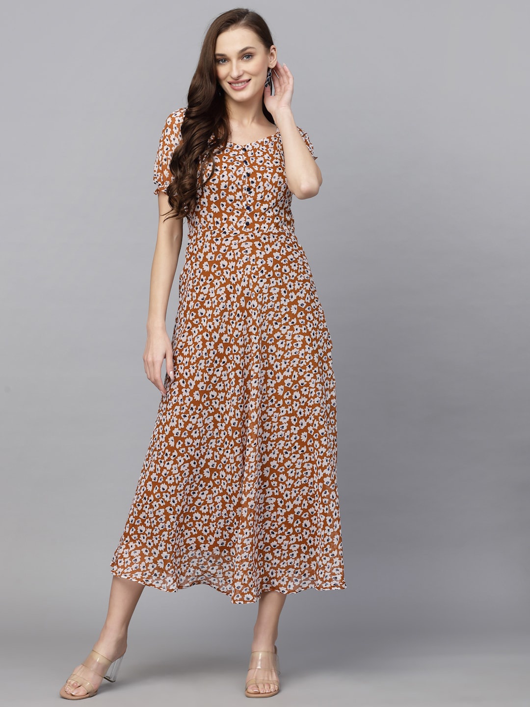 

aayu Floral Printed Fit & Flare Midi Dress, Brown