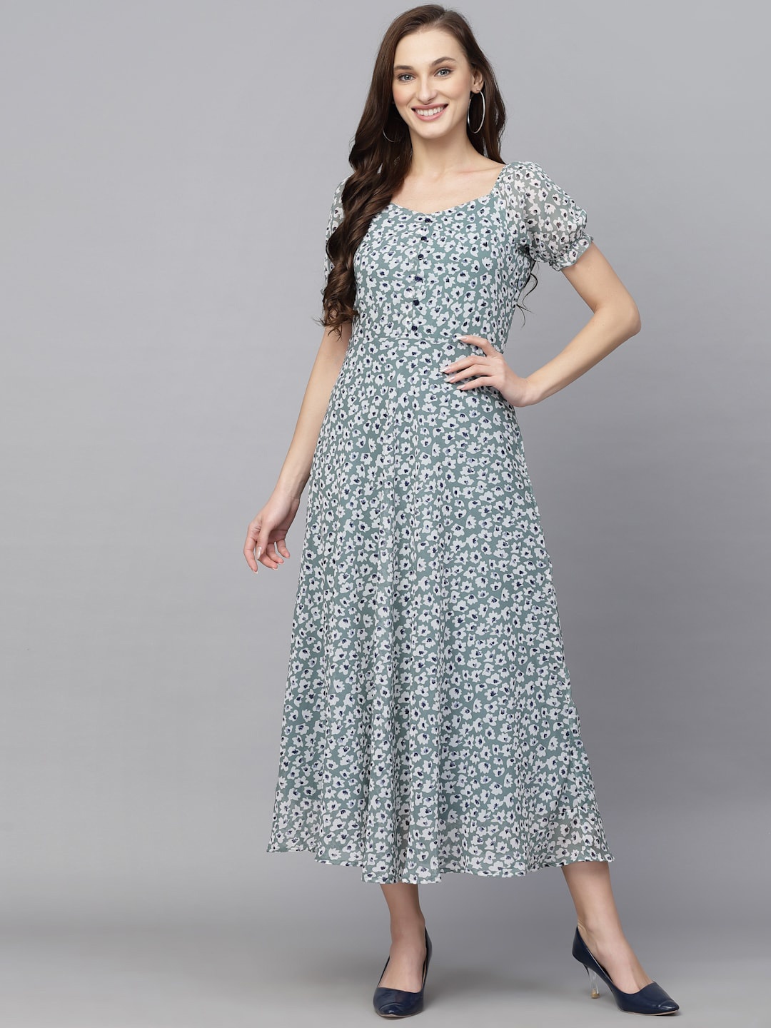 

aayu Floral Printed Georgette Fit & Flare Midi Dress, Green