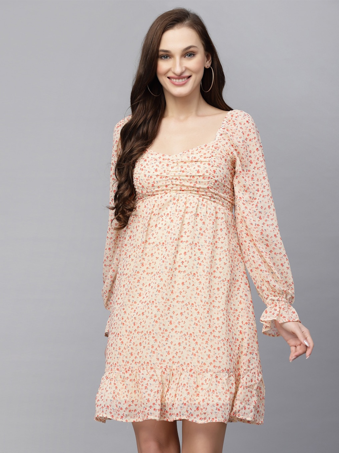 

aayu Floral Printed Flounce Gathered Empire Dress, Peach