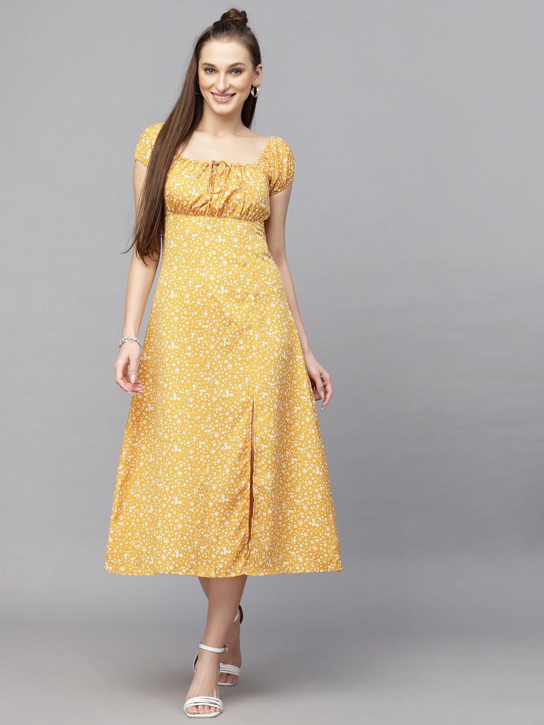 

aayu Floral Printed Tie-Up Neck Gathered Front Slit Empire Midi Dress, Mustard