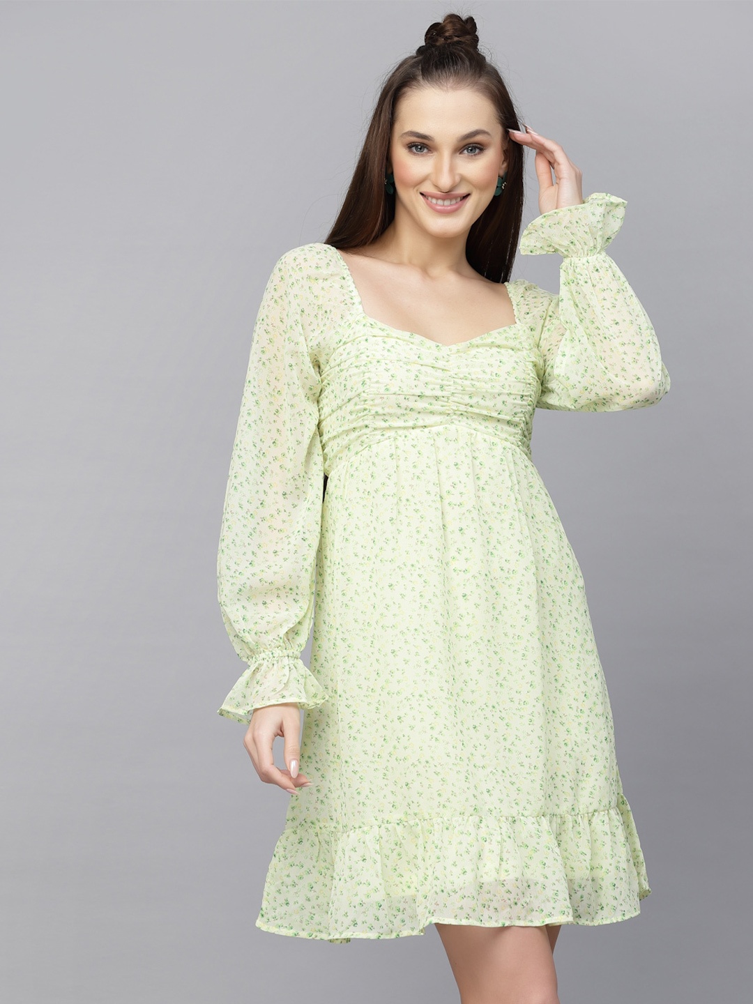 

aayu Floral Printed Gathered Puff Sleeves Georgette Empire Dress, Green