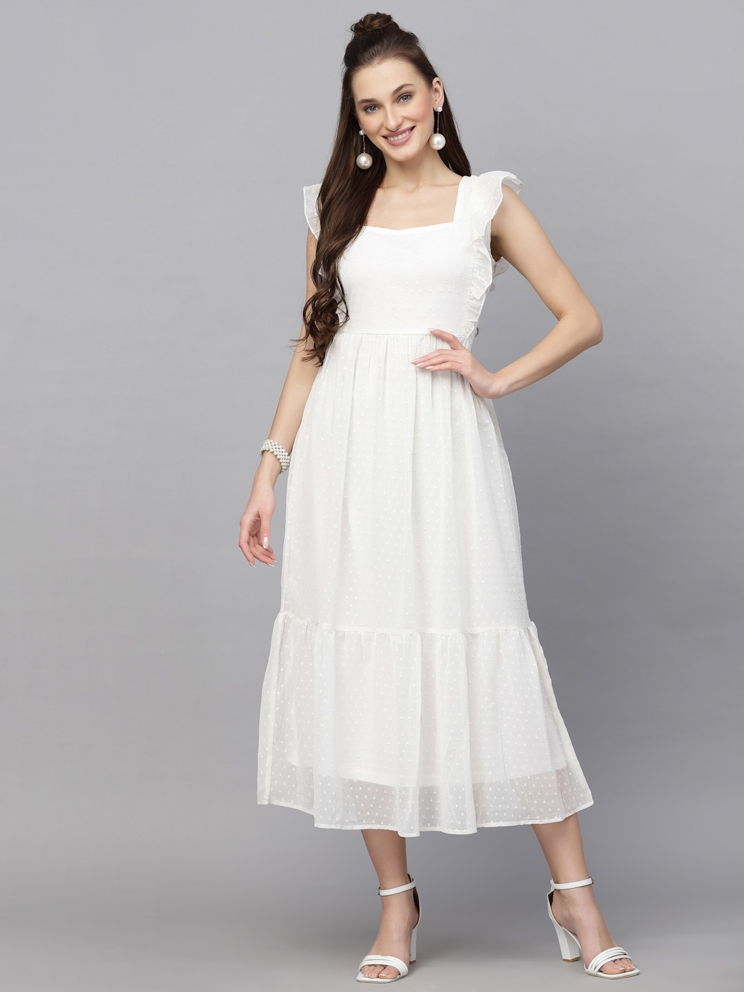 

aayu Self Design Ruffles Detail Flounce Georgette Midi Fit & Flare Dress, White