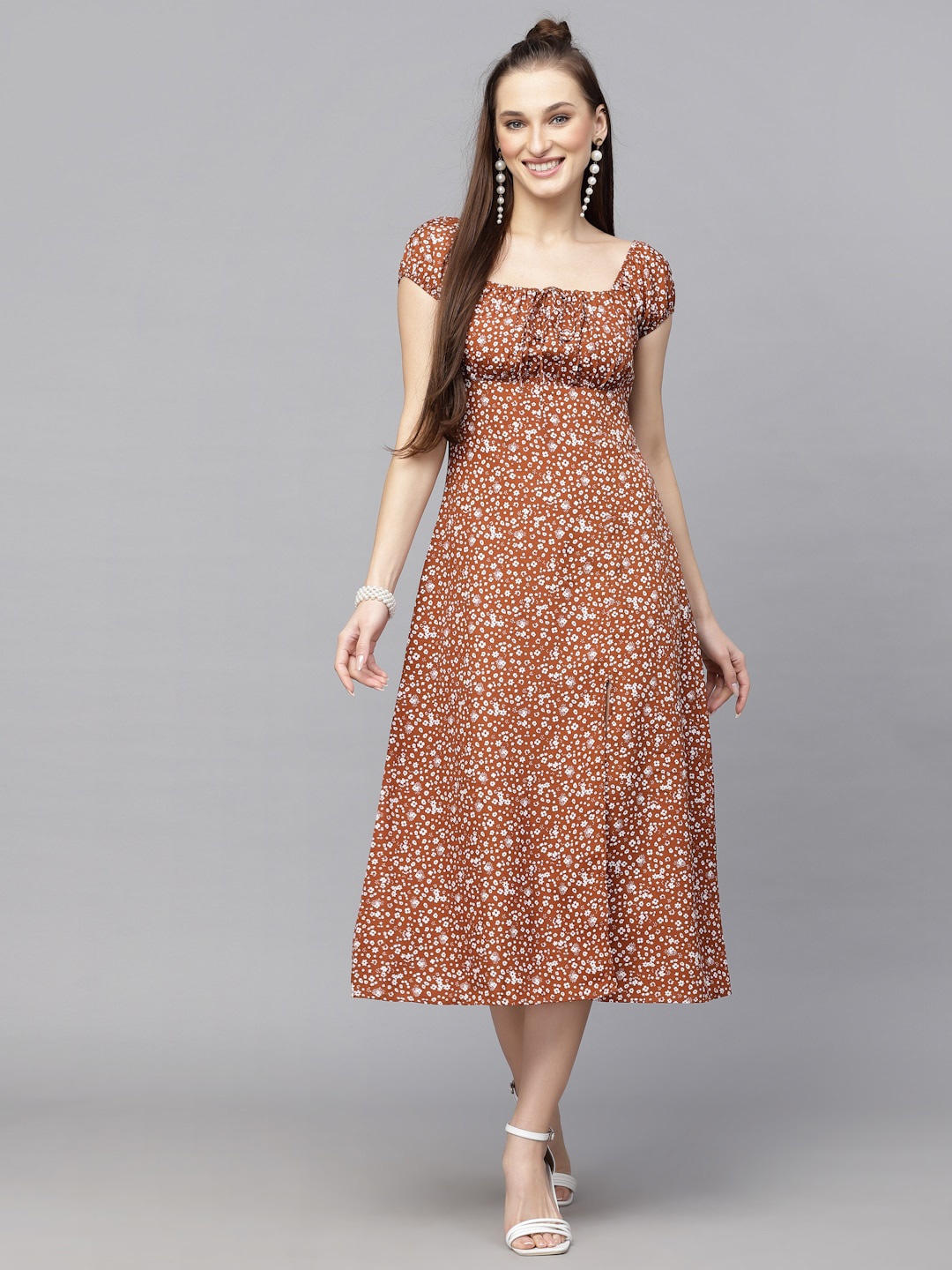 

aayu Floral Tie-Up Neck A-Line Midi Dress, Brown