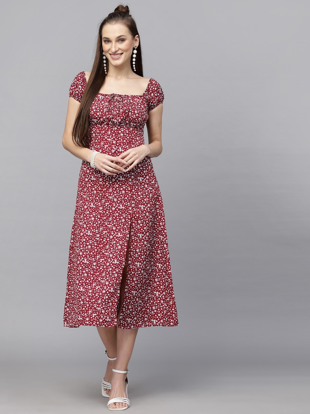 

aayu Maroon Tie-Up Neck Floral Printed Empire Midi Dress