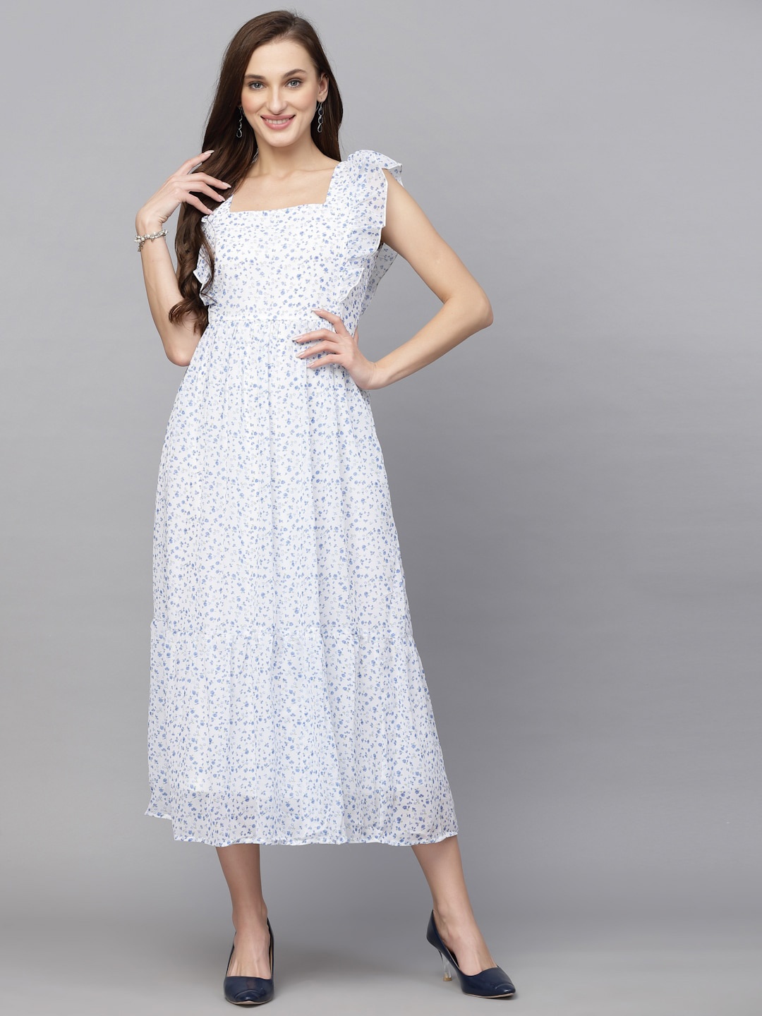 

aayu Blue Floral Printed Georgette Fit & Flare Midi Dress, White
