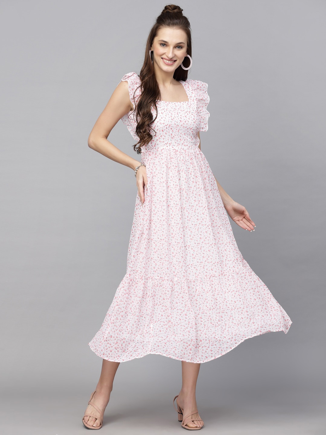 

aayu Pink Floral Printed Georgette Fit & Flare Midi Dress, Off white