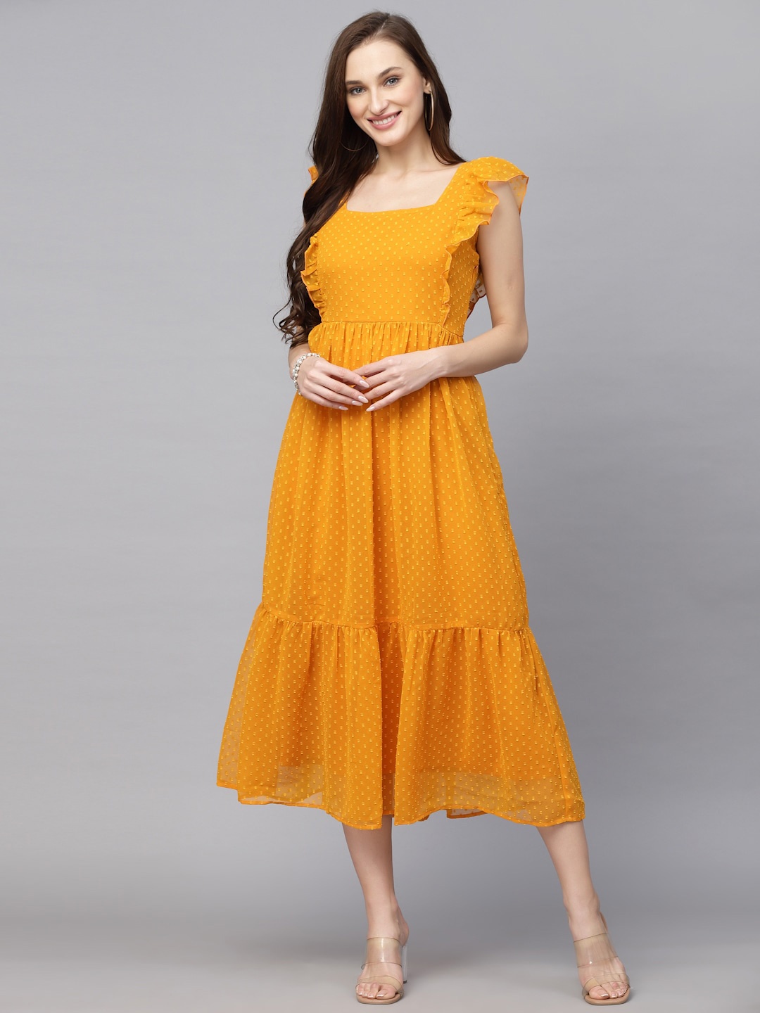 

aayu Ruffles Detail Dobby Georgette A-Line Midi Dress, Yellow