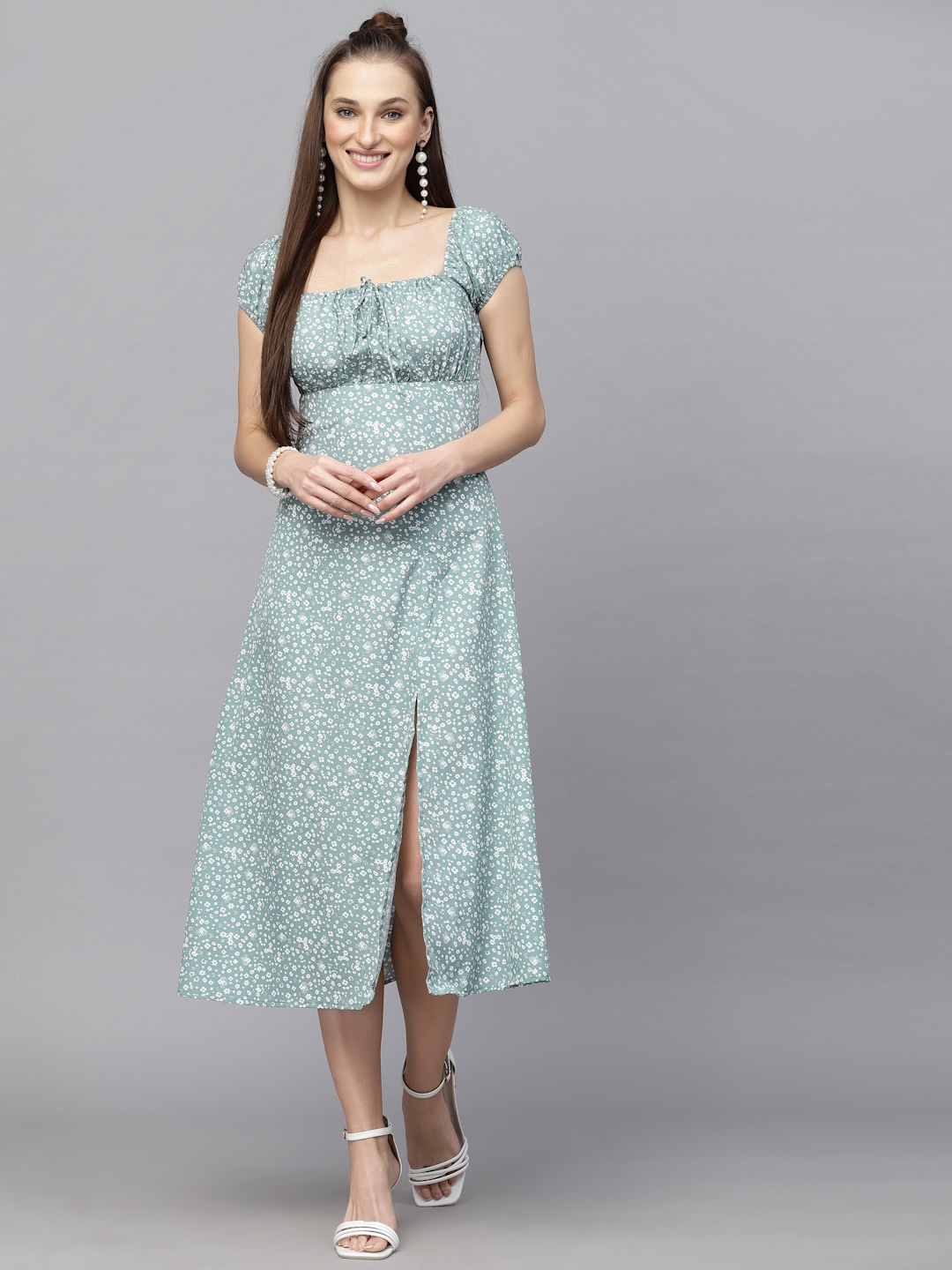 

aayu Green Floral Printed A-Line Midi Dress