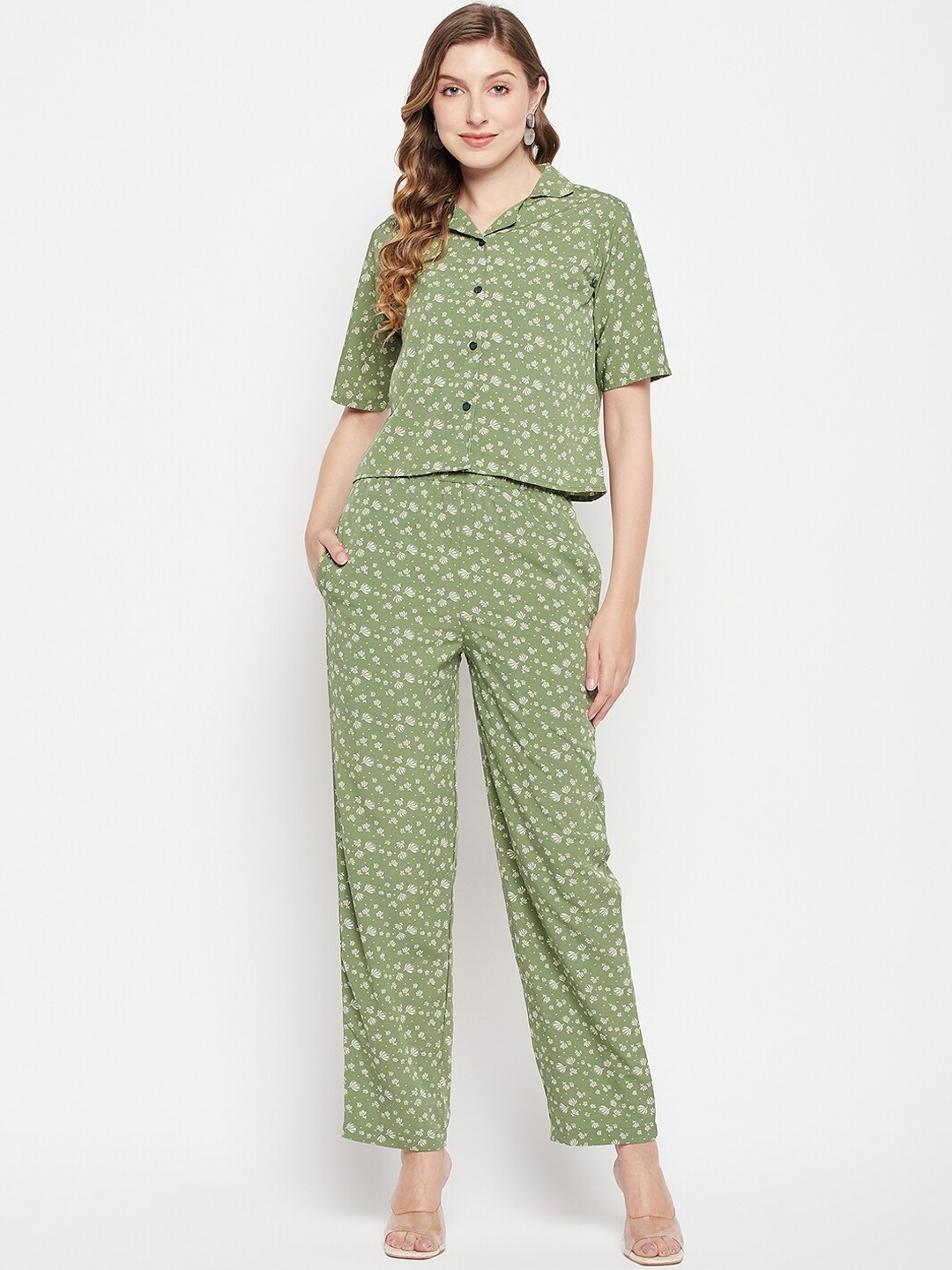 

Fashfun Women Printed Shirt With Trousers, Green