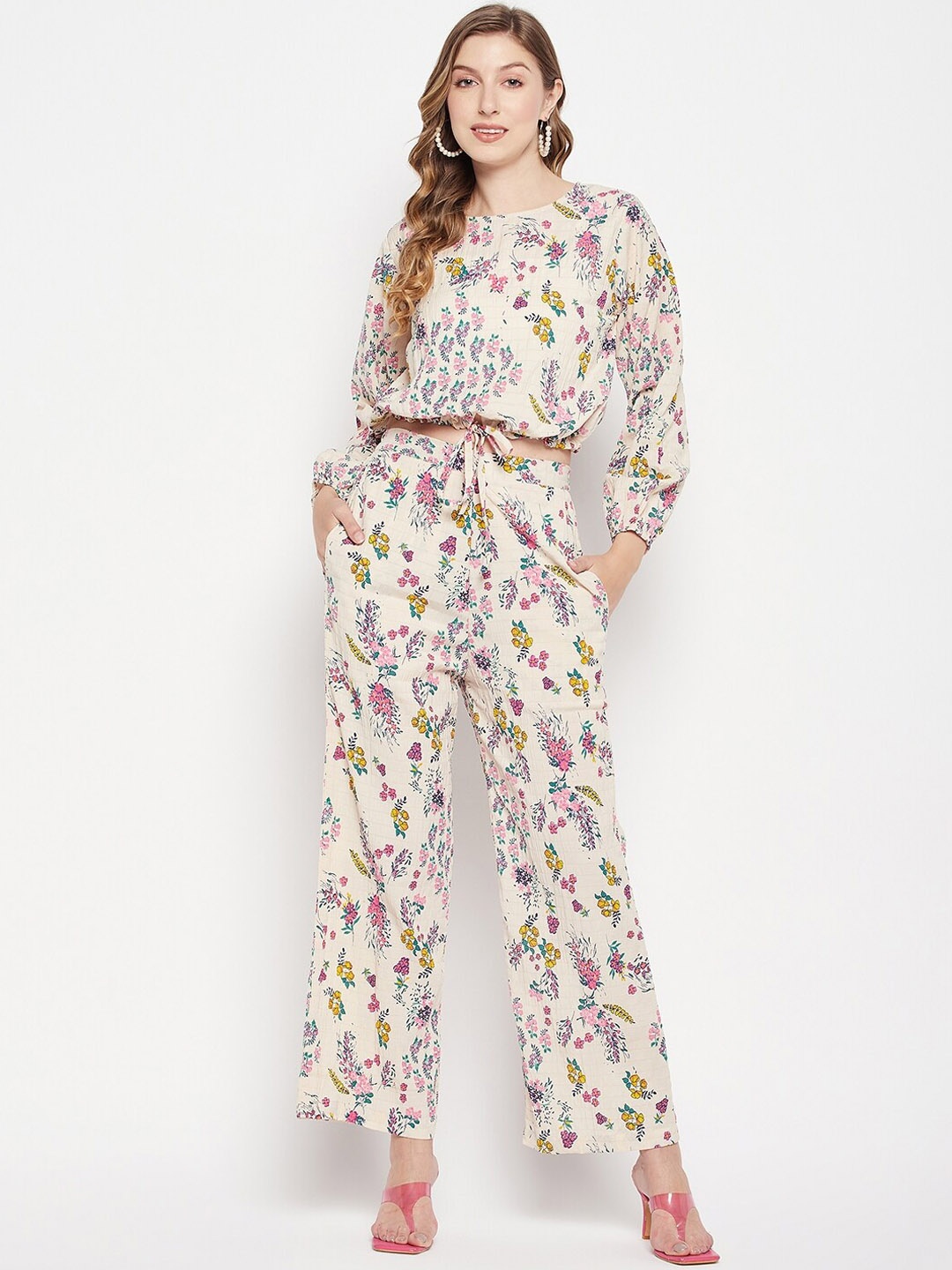 

Fashfun Women Floral Printed Top & Trousers, White