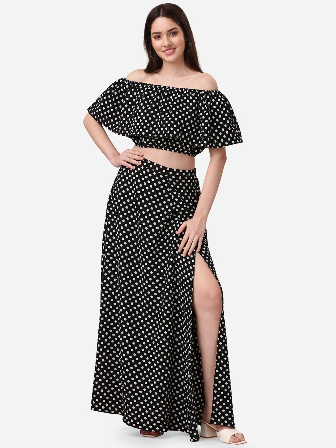 

Fashfun Polka Dot Printed Casual Co-Ords, Black