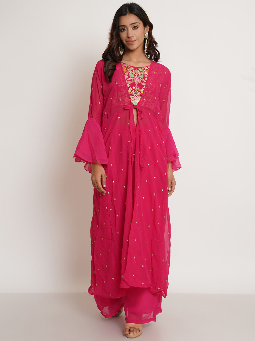 

Purple State Women Pink Floral Embroidered Thread Work Top with Palazzos & Shrug