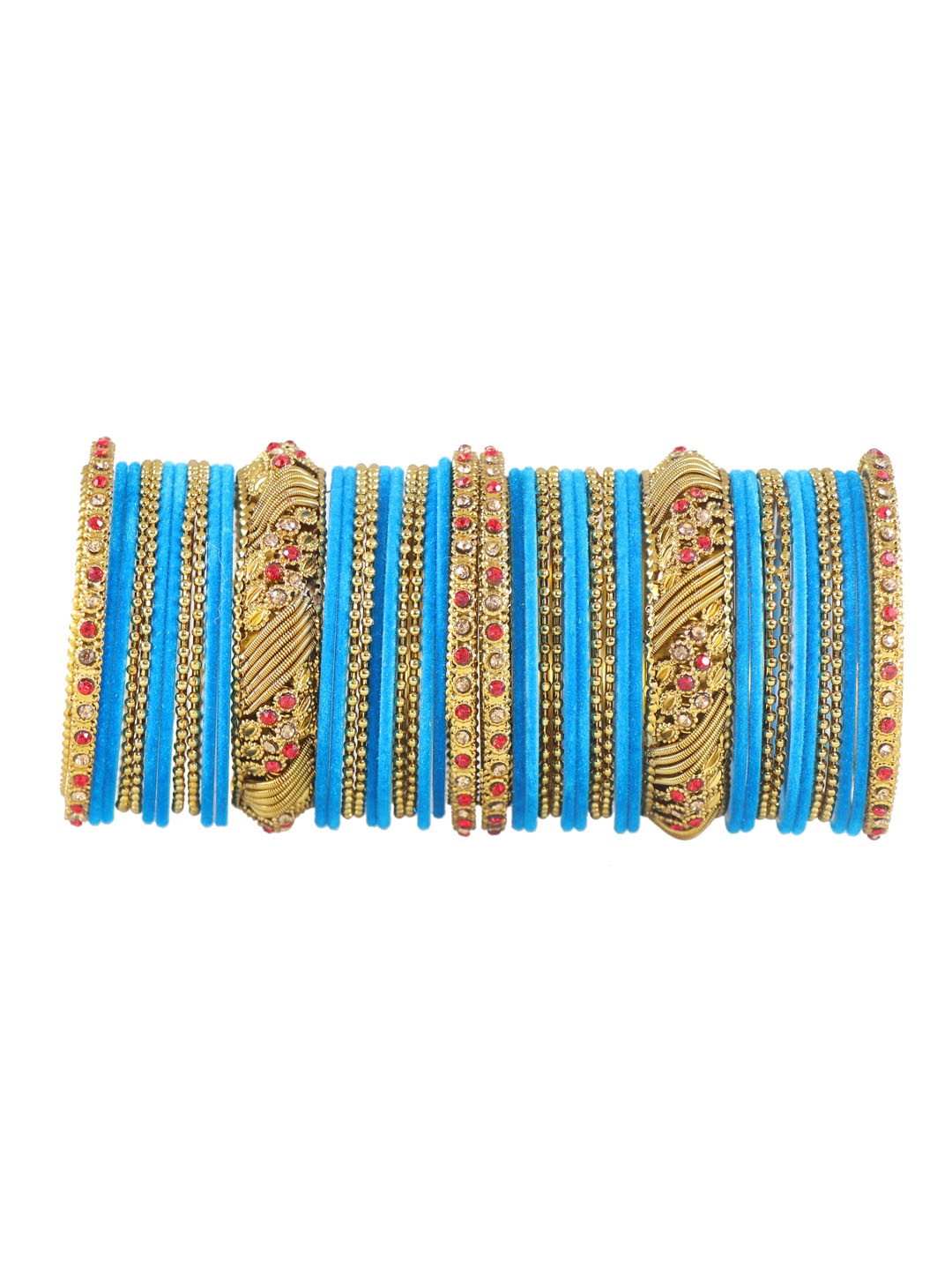 

NMII Set Of 46 Cubic Zirconia & Beads-Studded Velvet Bangle Set, Turquoise blue