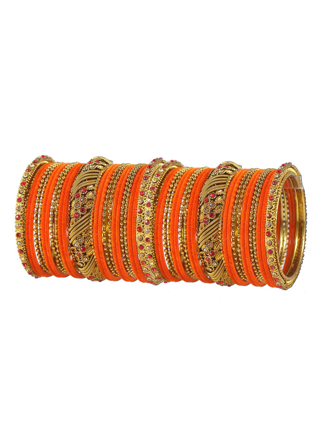 

NMII Set of 46 Metal and Zircon or Beads Ball Chain Velvet Bangles, Orange