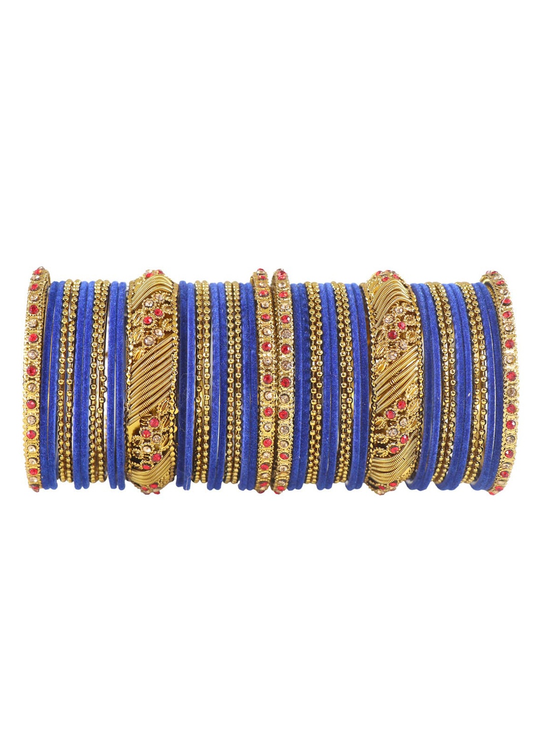 

NMII Set of 46 Metal and Zircon or Beads Ball Chain Velvet Bangles, Blue