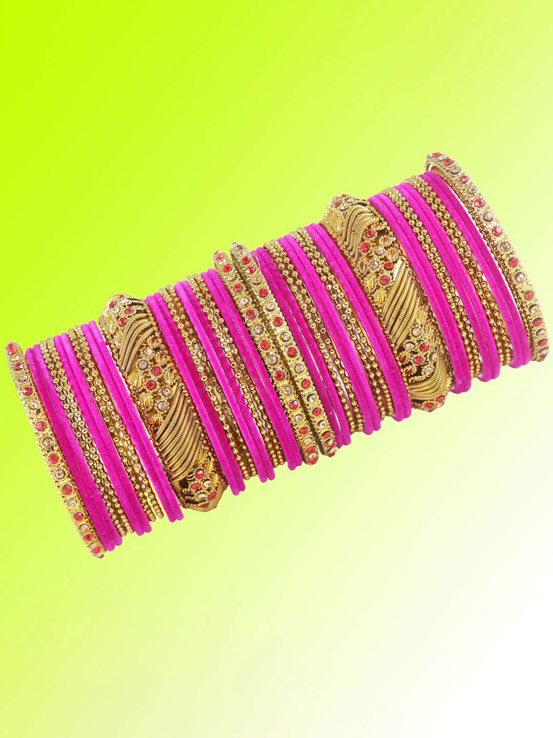 

NMII Set Of 46 Zircon Studded & Beaded Velvet Bangles, Magenta