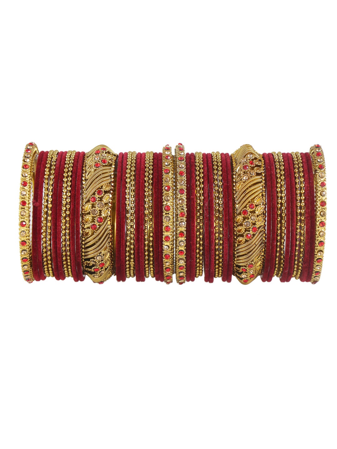 

NMII Set Of 46 Gold-Plated CZ-Studded & Beaded Velvet Bangles, Maroon
