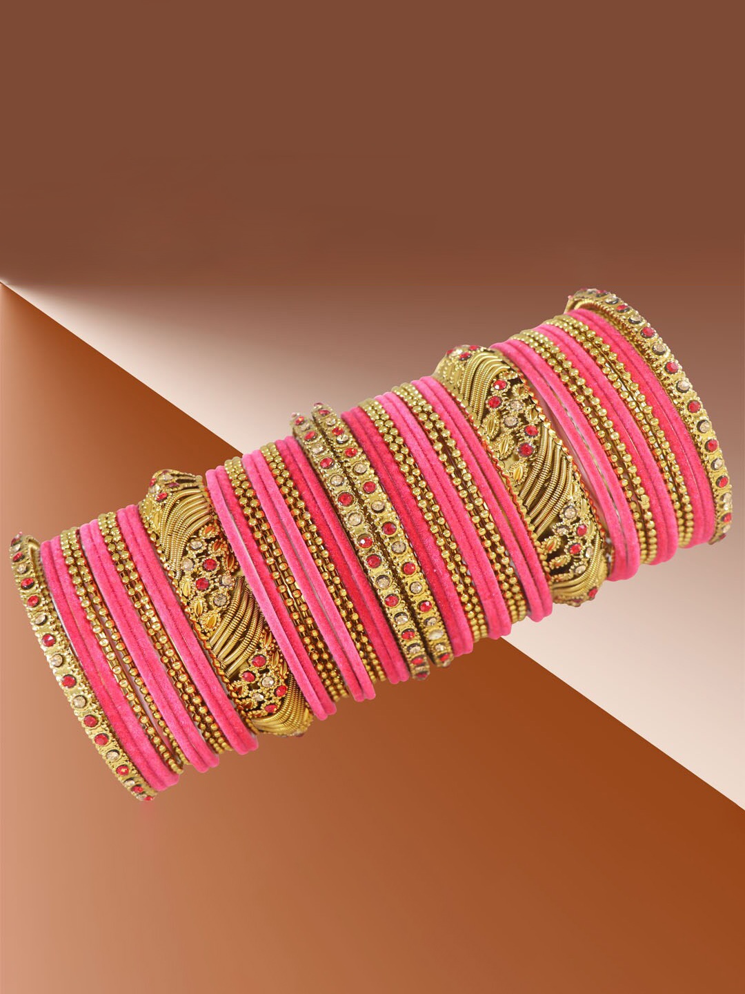 

NMII Set Of 46 Gold-Plated CZ-Studded & Beaded Velvet Bangles, Pink