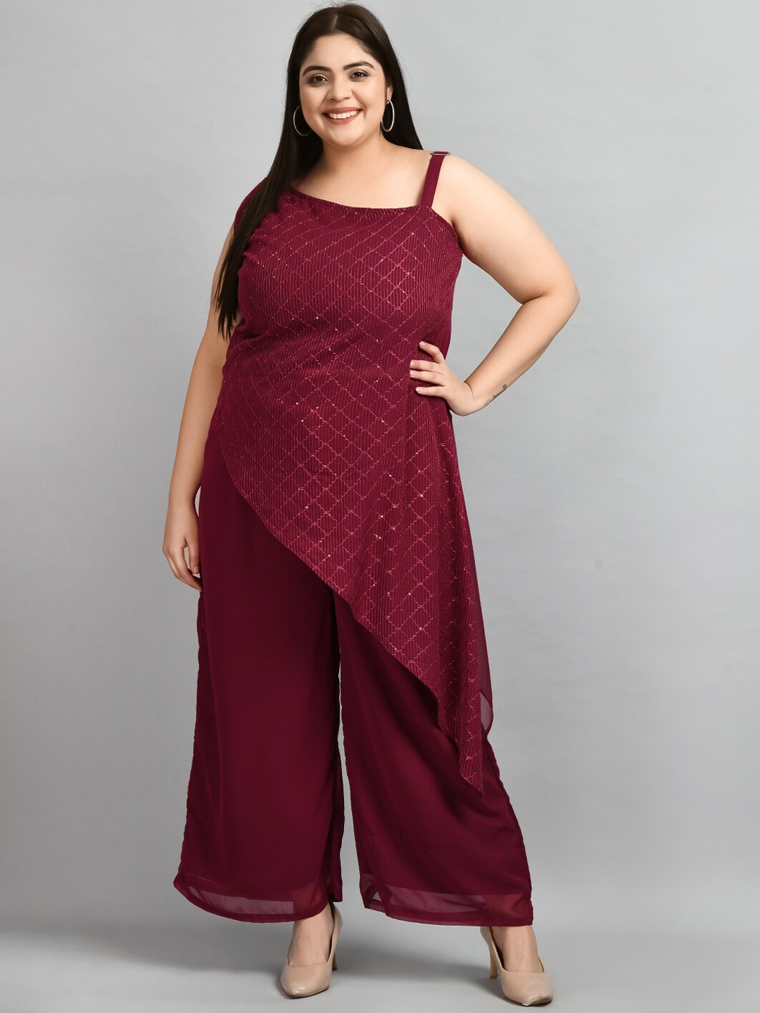

PrettyPlus by Desinoor.com Plus Size Wine One Strap Sequin Co-ord Set, Purple