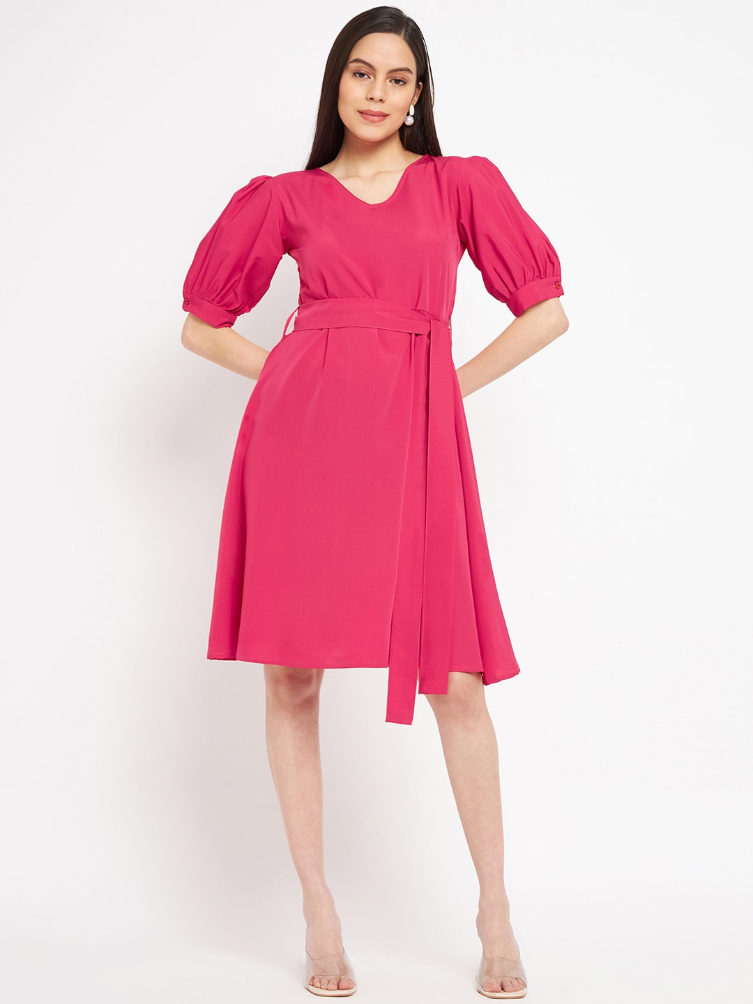 

Fashfun Crepe V-Neck Tie-Up A-Line Dress, Coral