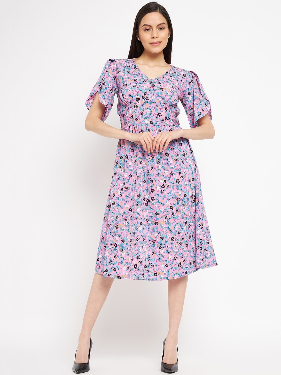 

Fashfun Floral Printed Midi A-line Dress, Pink