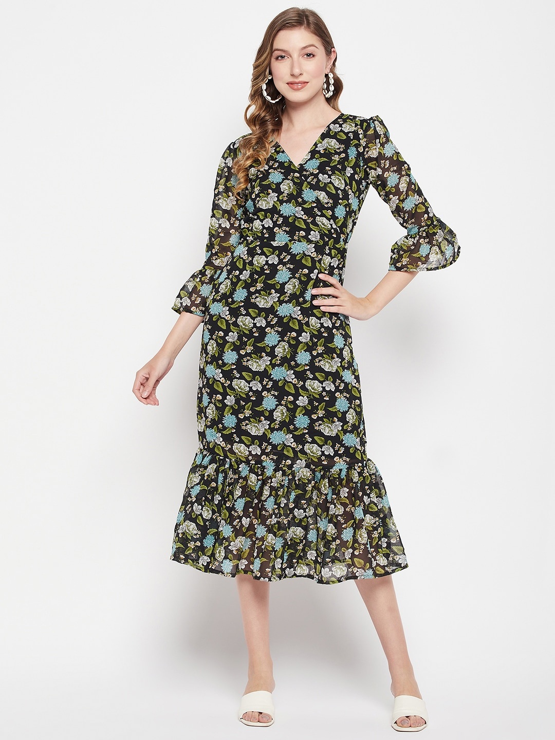 

Fashfun Floral Printed Georgette Midi Dress, Black