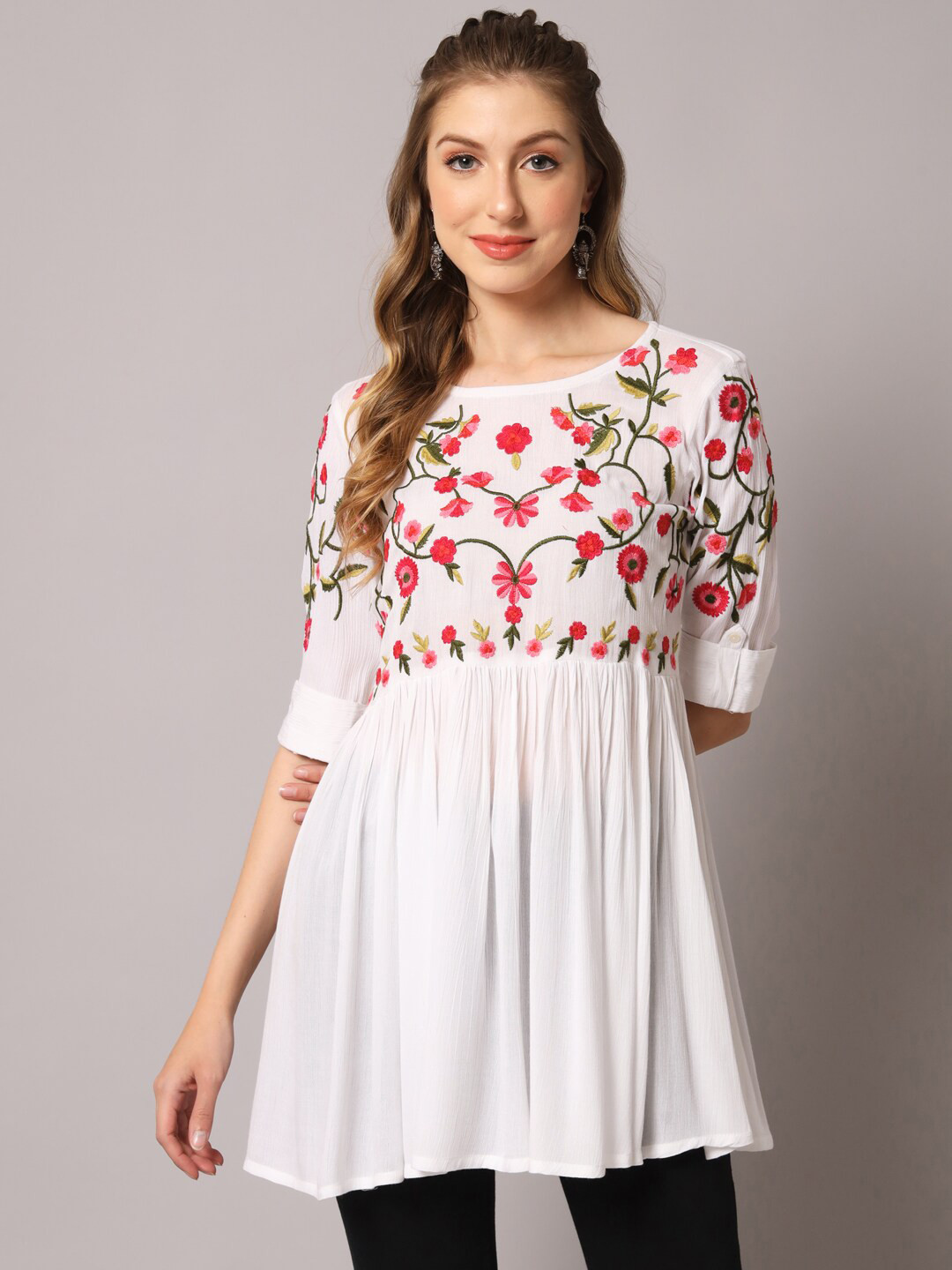 

PREKSHA White Floral Print Crepe Empire Top