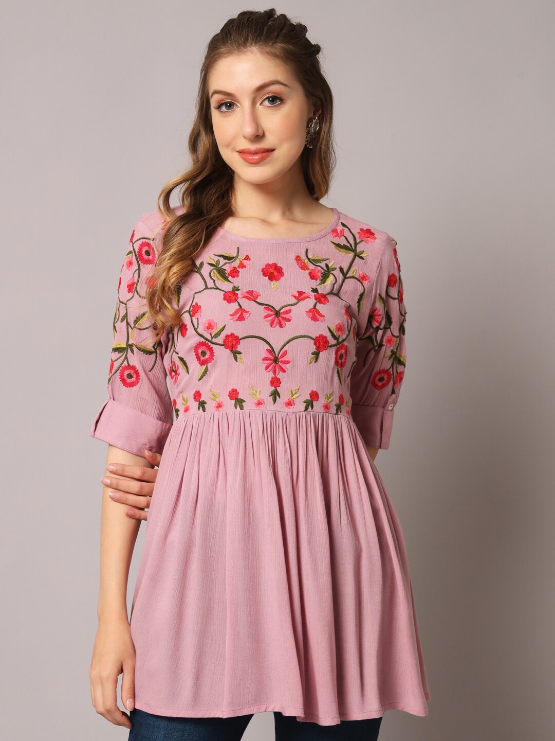 

PREKSHA Floral Embroidered Pleated Longline A-Line Top, Mauve