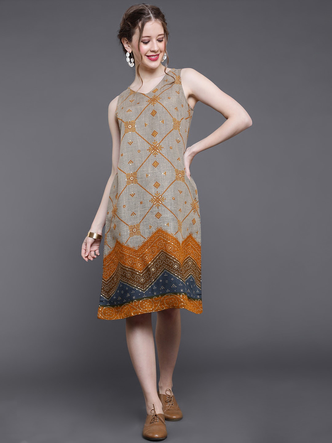 

saubhagya Ethnic Motifs Printed A-Line Ethnic Dress, Beige
