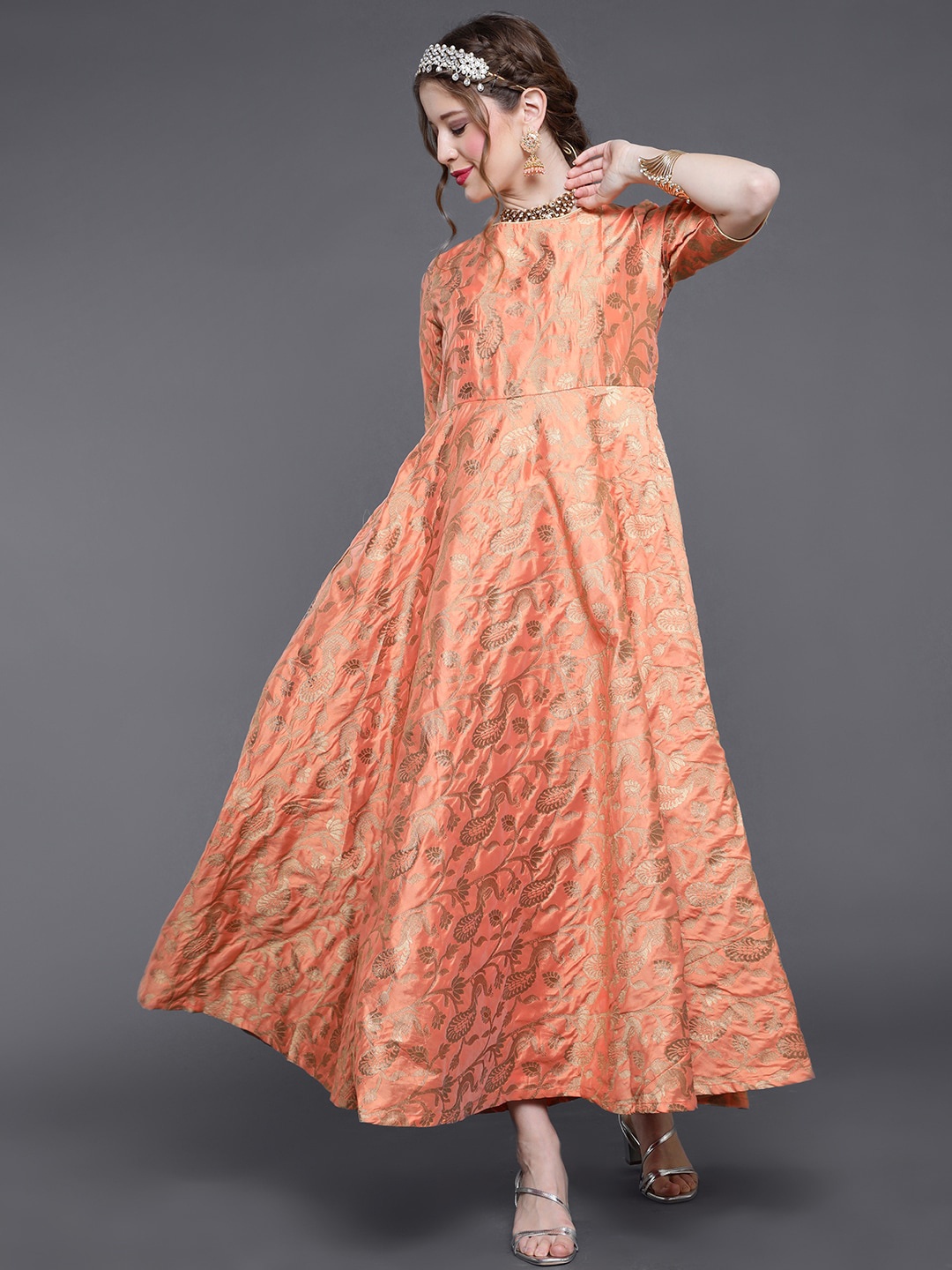 

saubhagya Floral Woven Design Maxi Ethnic Dress, Peach