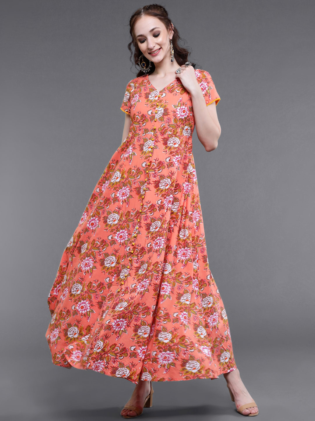 

saubhagya Floral Printed Flared Maxi Ethnic Dress, Peach