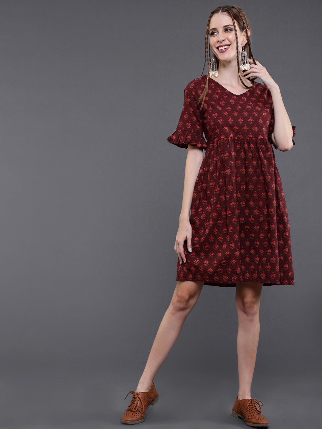 

saubhagya Floral Printed Cotton V-Neck A-Line Dress, Burgundy