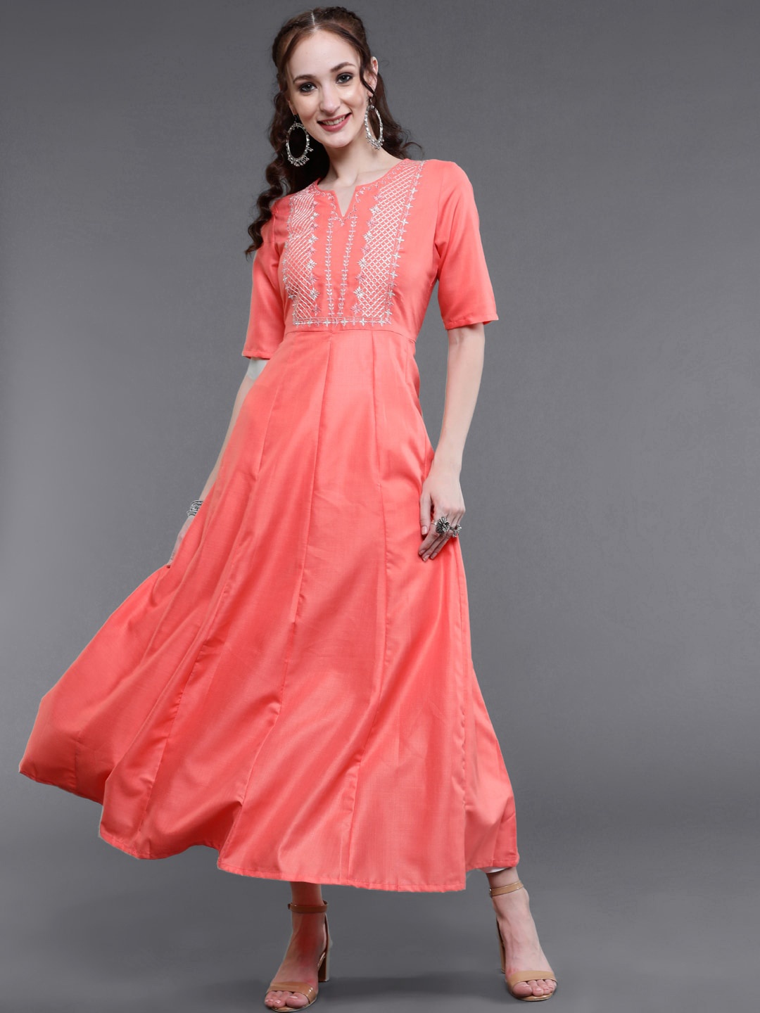 

saubhagya Ethnic Motifs Embroidered Cotton Ethnic Dress, Peach