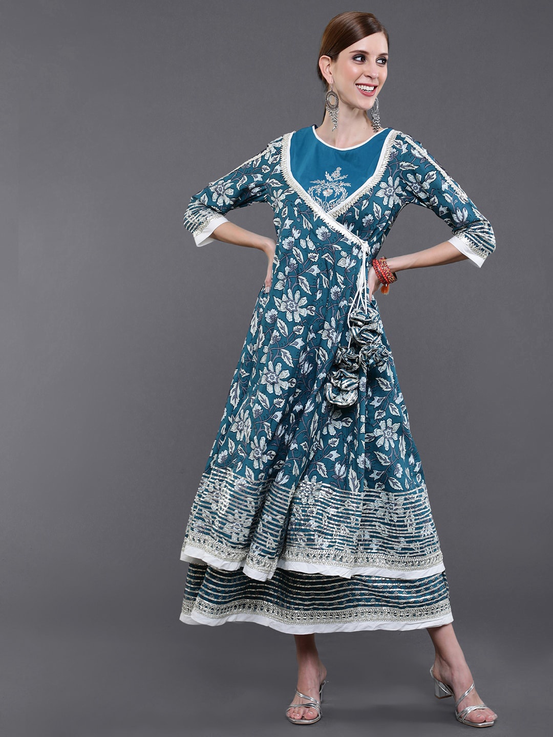 

saubhagya Floral Printed Layered Cotton Maxi Ethnic Dress, Blue
