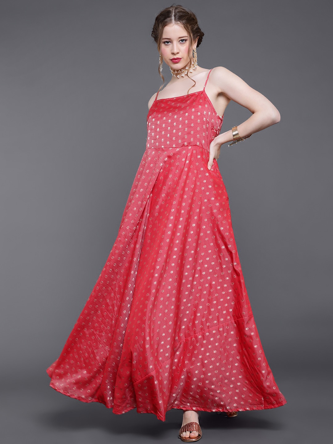 

saubhagya Ethnic Motifs Shoulder Straps Printed Maxi ethnic Dress, Red