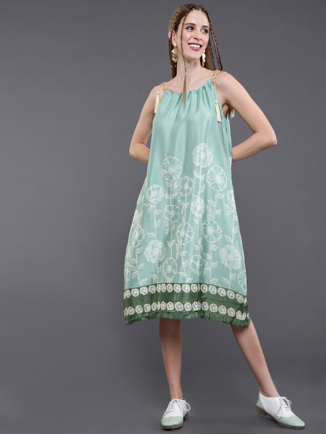 

saubhagya Floral Printed A-Line Silk Dress, Green