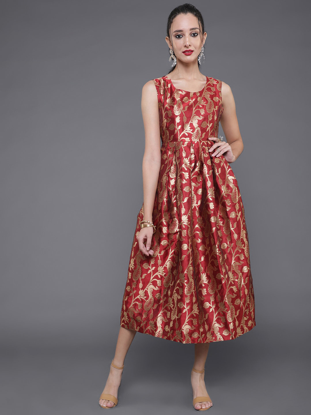 

saubhagya Ethnic Motifs Woven Design Silk Fit & Flare Midi Dress, Maroon