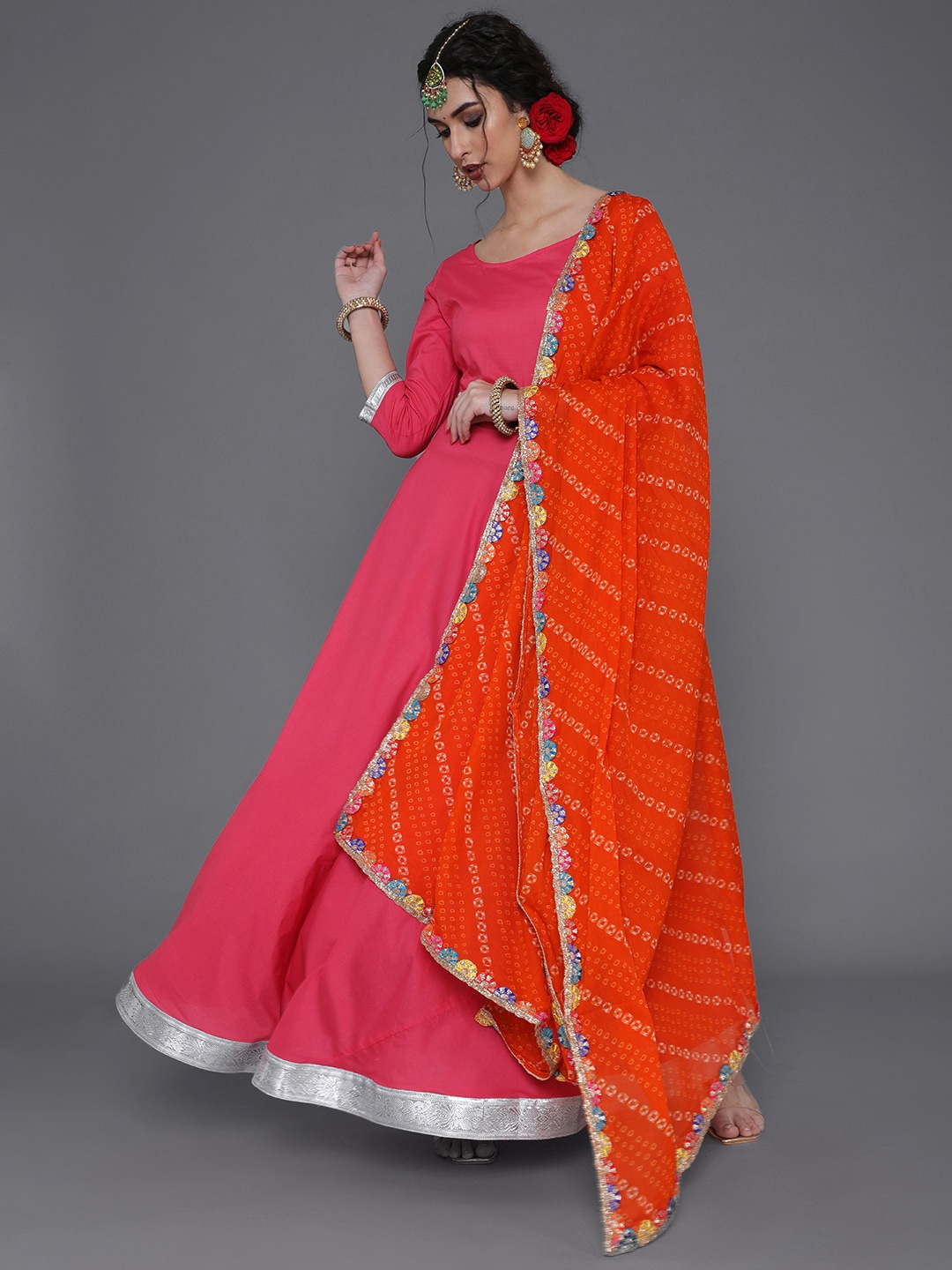 

saubhagya Three-Quarter Sleeves Maxi Cotton Fit & Flare Ethnic Dress with Dupatta, Pink