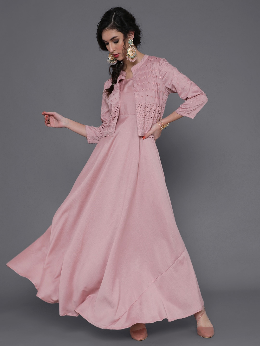 

saubhagya Sleeveless Fit & Flare Silk Maxi Dress Comes With Jacket, Mauve