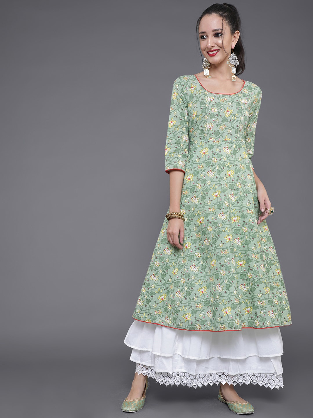 

saubhagya Round Neck Floral Ptinted Maxi Dress With Lace Details, Green