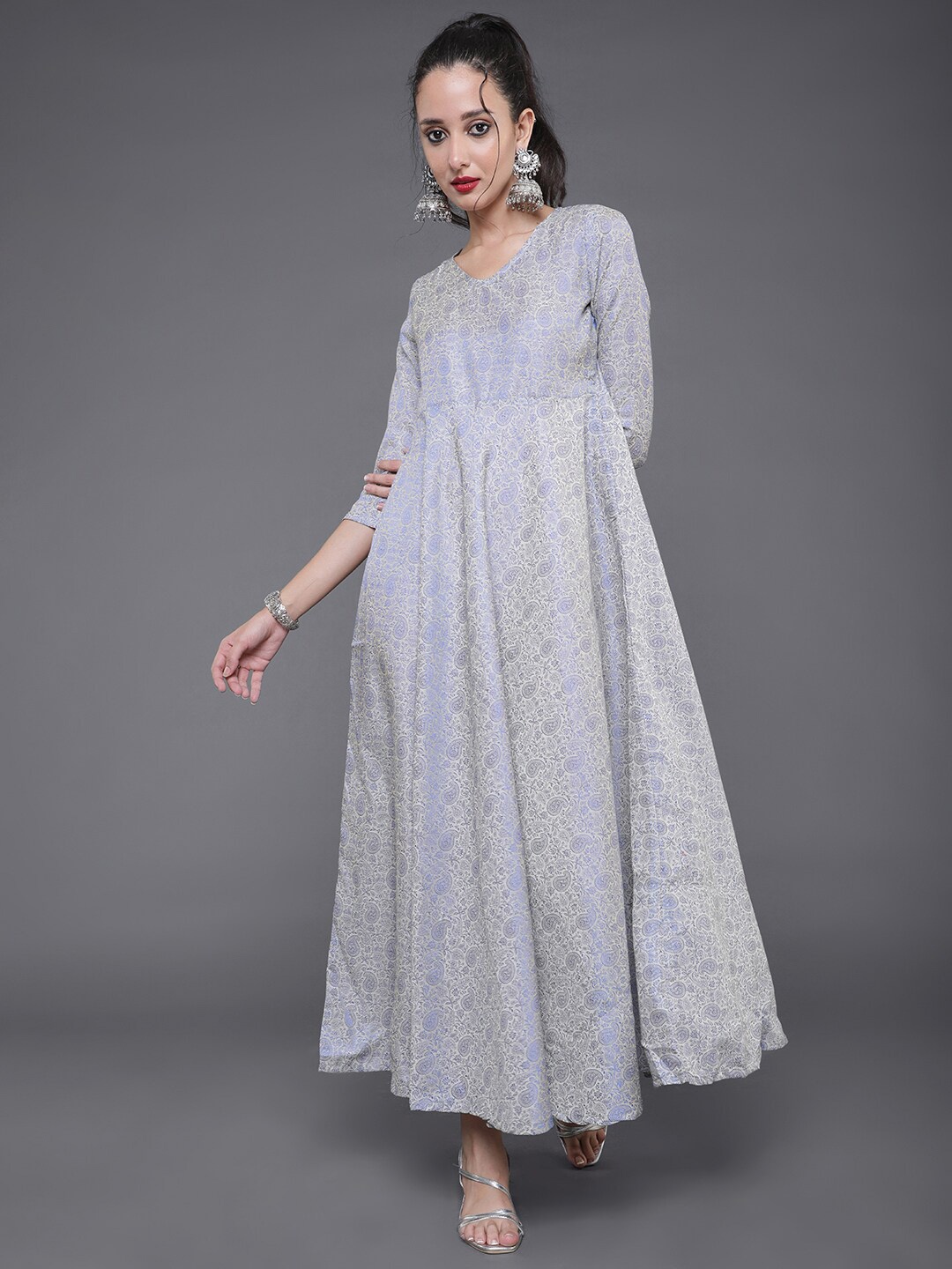 

saubhagya V-Neck Pasily Woven Design Maxi Dress, Grey